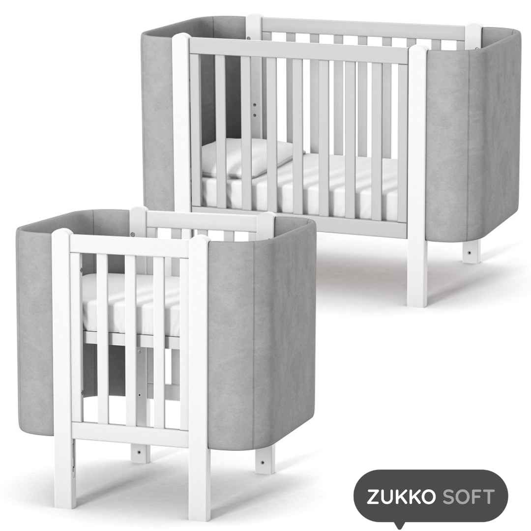 Dětská designová rostoucí postýlka Zukko Soft Gekko Kids. Kolébka a postýlka 2v1. Seda / bila